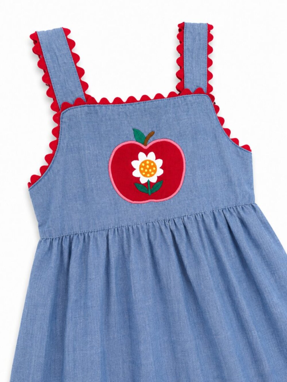 Gymboree Girls Chambray Apple Dress Size 8 | Red Ric Rac Trim | Like New